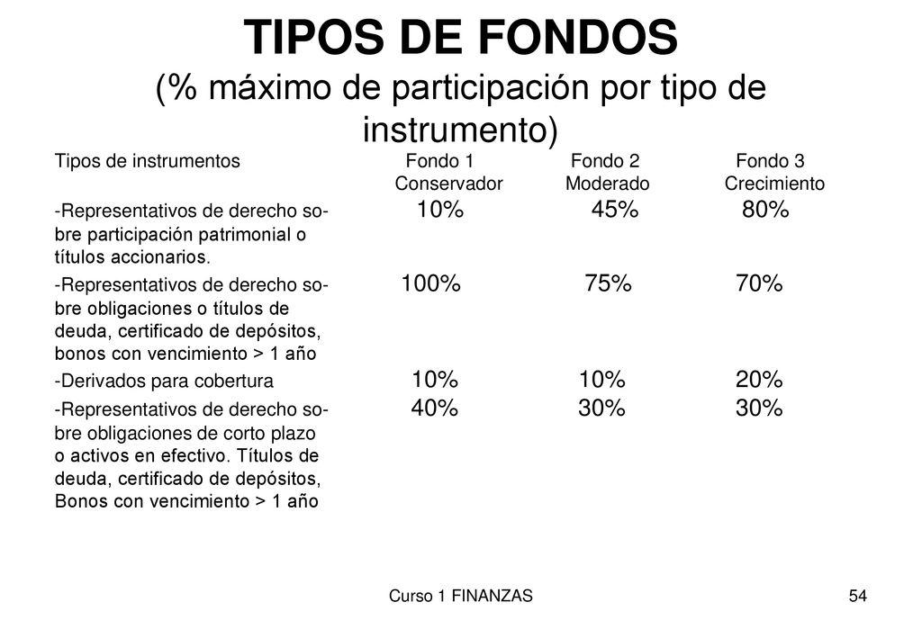 TIPOS DE FONDOS (% máximo de participación por tipo de instrumento)