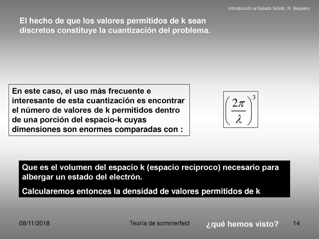 Calcularemos entonces la densidad de valores permitidos de k