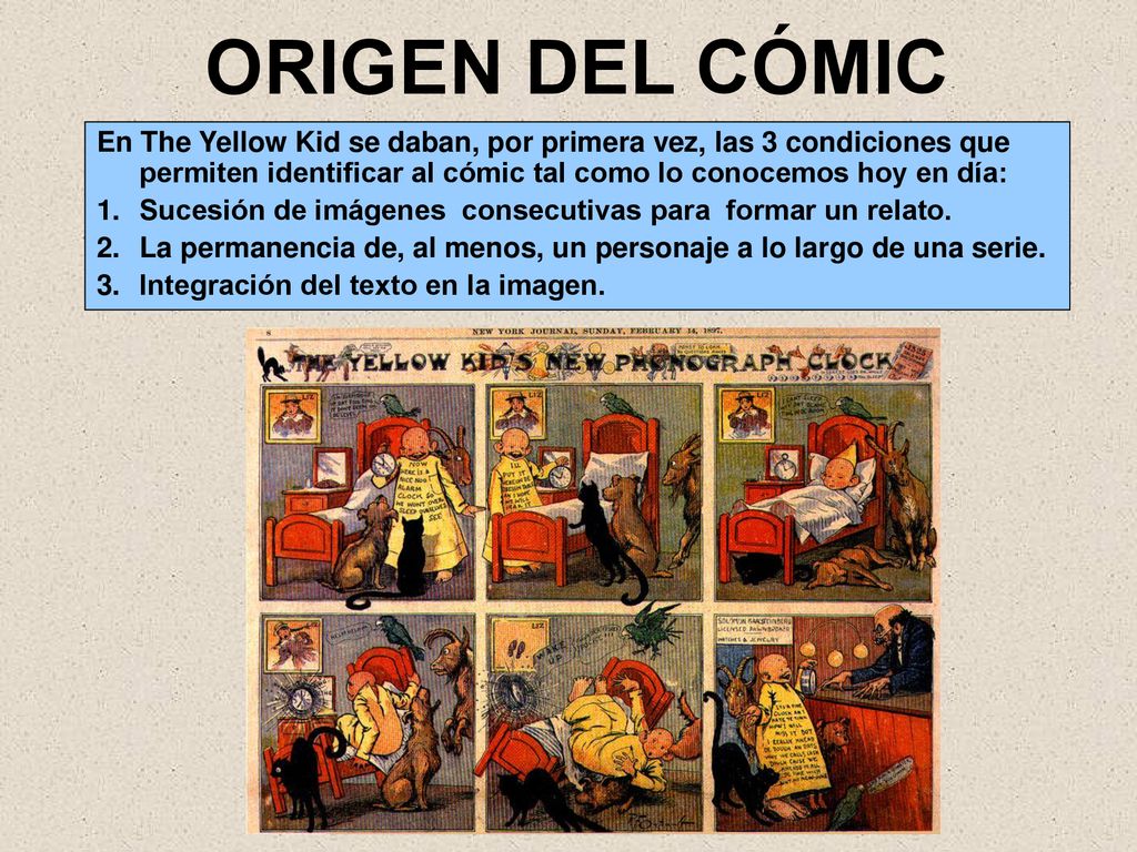 ORIGEN DEL CÓMIC En The Yellow Kid se daban, por primera vez, las 3 condiciones que permiten identificar al cómic tal como lo conocemos hoy en día: