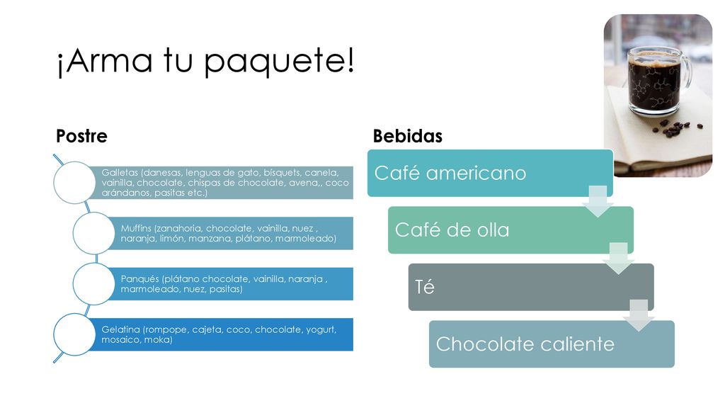¡Arma tu paquete! Café americano Café de olla Té Chocolate caliente