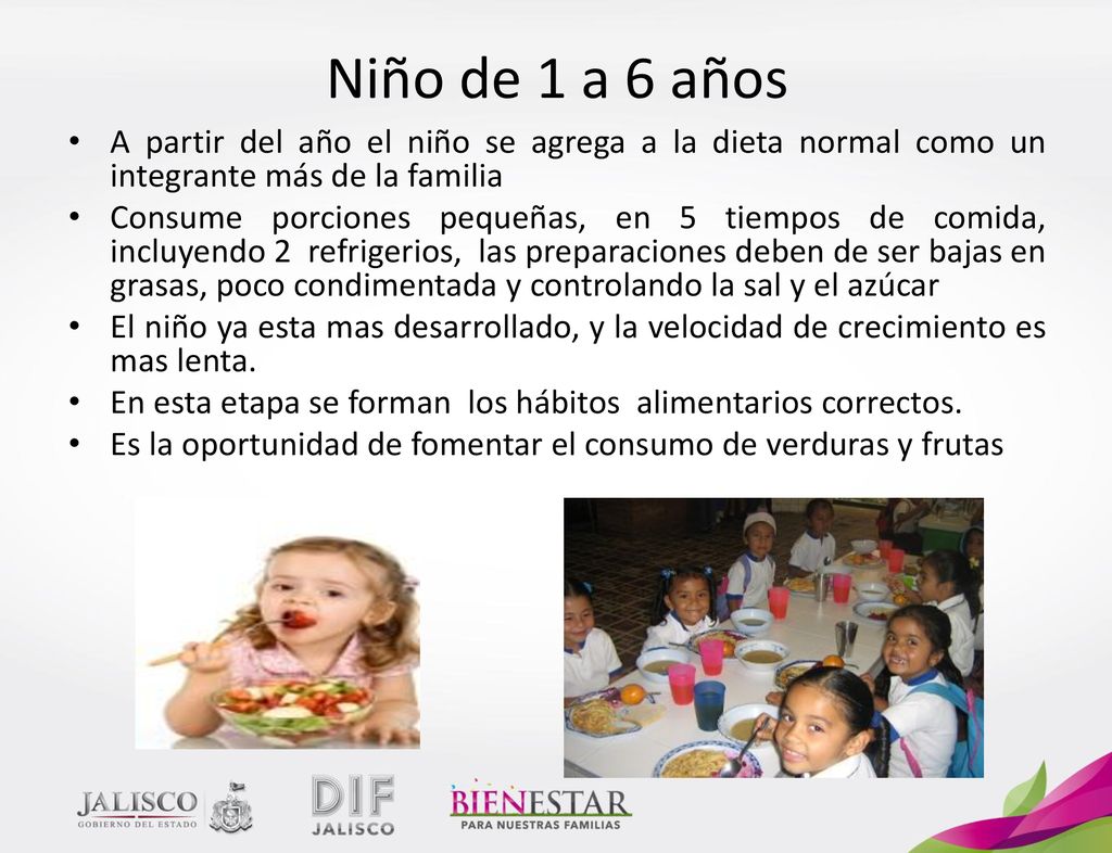 Niño de 1 a 6 años A partir del año el niño se agrega a la dieta normal como un integrante más de la familia.