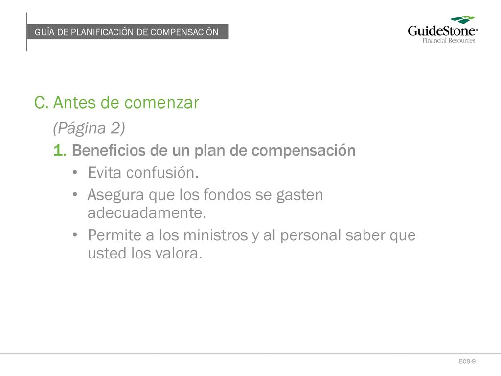 C. Antes de comenzar (Página 2) Beneficios de un plan de compensación