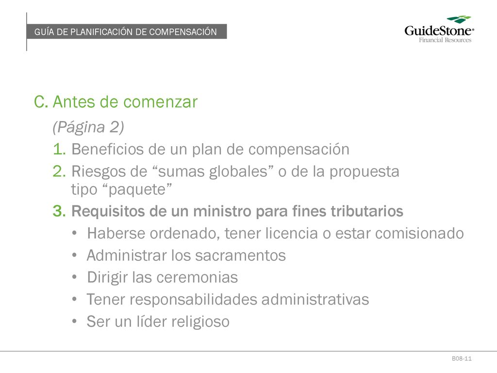 C. Antes de comenzar (Página 2) Beneficios de un plan de compensación