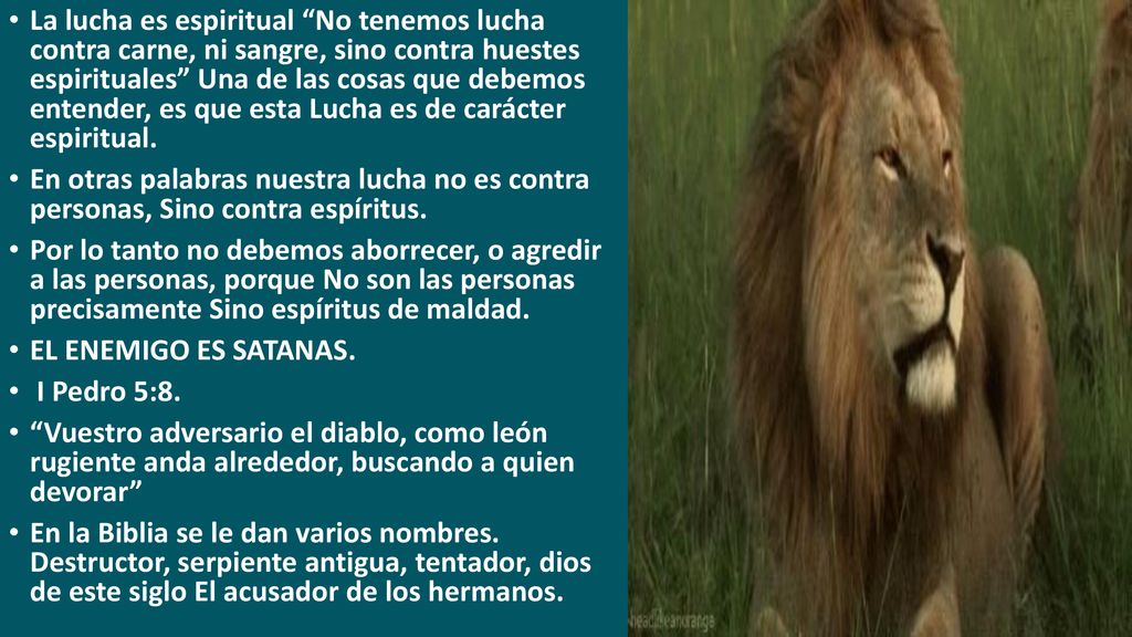 La lucha es espiritual No tenemos lucha contra carne, ni sangre, sino contra huestes espirituales Una de las cosas que debemos entender, es que esta Lucha es de carácter espiritual.