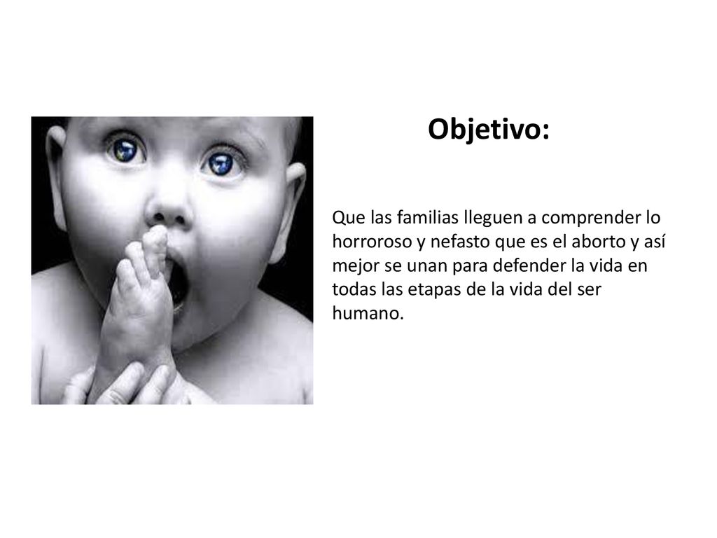 Objetivo: Que las familias lleguen a comprender lo horroroso y nefasto que es el aborto y así.