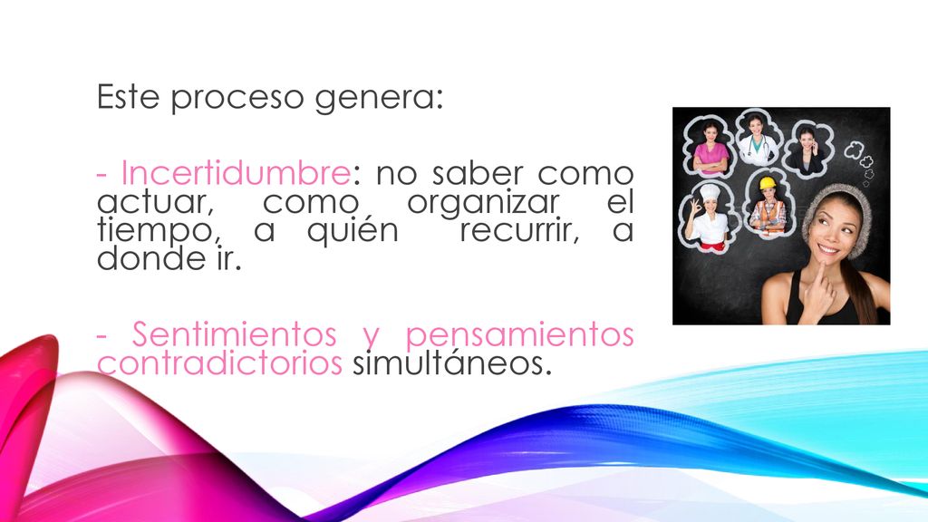 Este proceso genera: - Incertidumbre: no saber como actuar, como organizar el tiempo, a quién recurrir, a donde ir.
