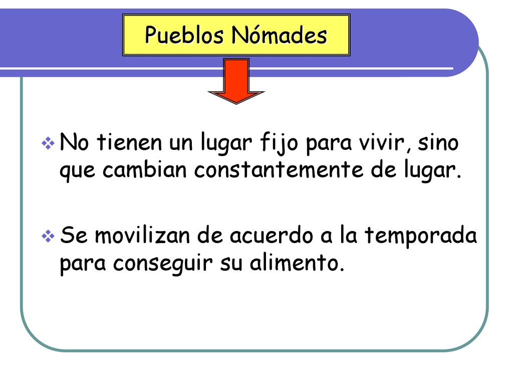 Pueblos Nómades No tienen un lugar fijo para vivir, sino que cambian constantemente de lugar.