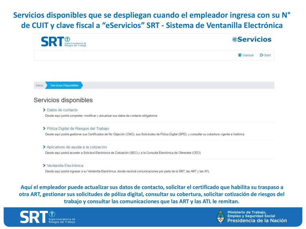 Servicios disponibles que se despliegan cuando el empleador ingresa con su N° de CUIT y clave fiscal a eServicios SRT - Sistema de Ventanilla Electrónica