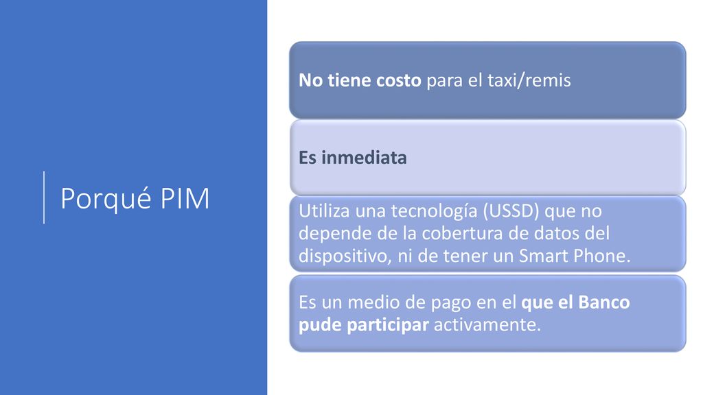 Porqué PIM No tiene costo para el taxi/remis Es inmediata