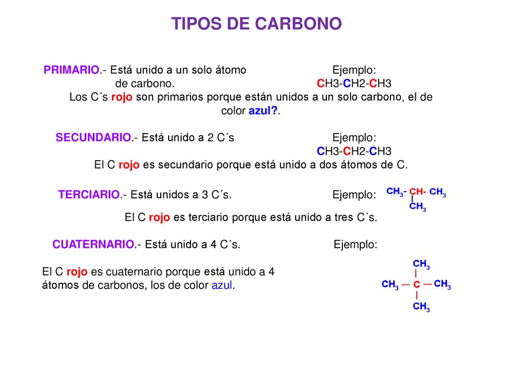 TIPOS DE CARBONO PRIMARIO.- Está unido a un solo átomo de carbono.