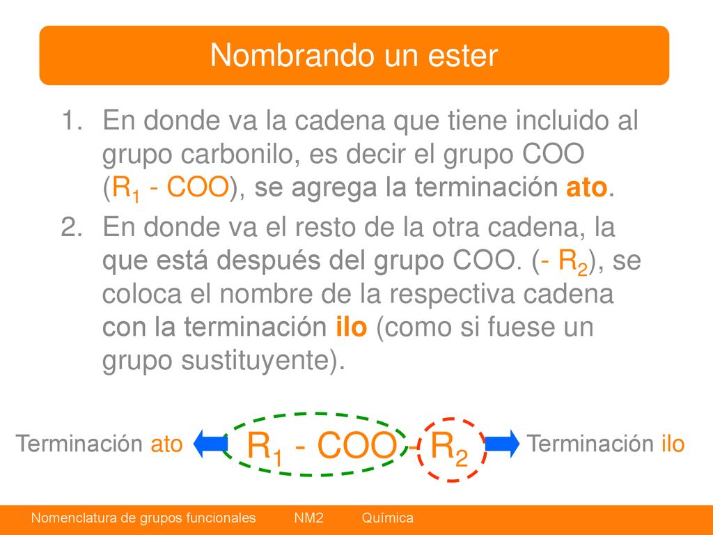 R1 - COO - R2 Nombrando un ester