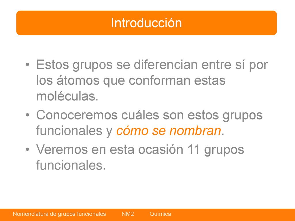 Introducción Estos grupos se diferencian entre sí por los átomos que conforman estas moléculas.