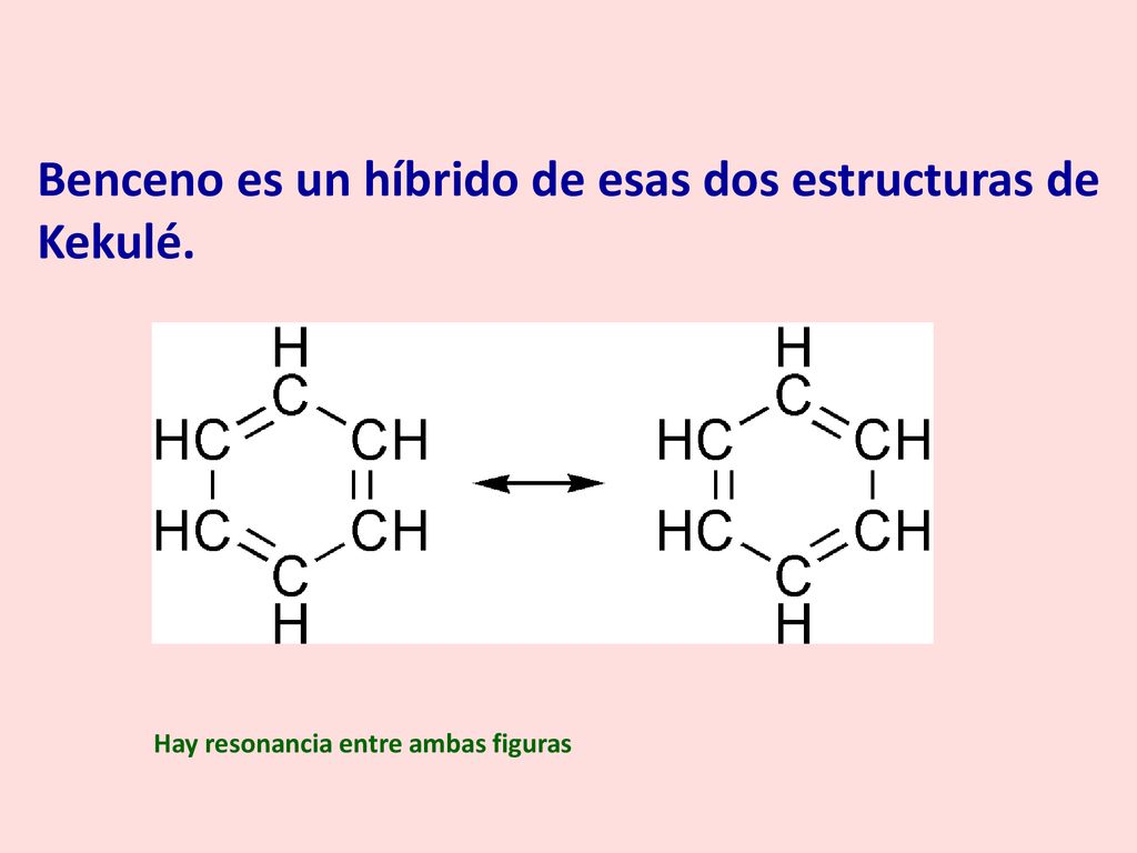 Benceno es un híbrido de esas dos estructuras de Kekulé.