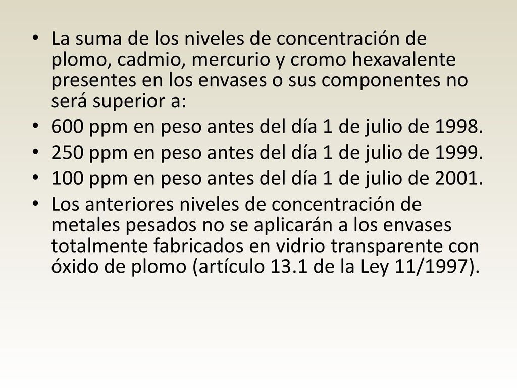 La suma de los niveles de concentración de plomo, cadmio, mercurio y cromo hexavalente presentes en los envases o sus componentes no será superior a:
