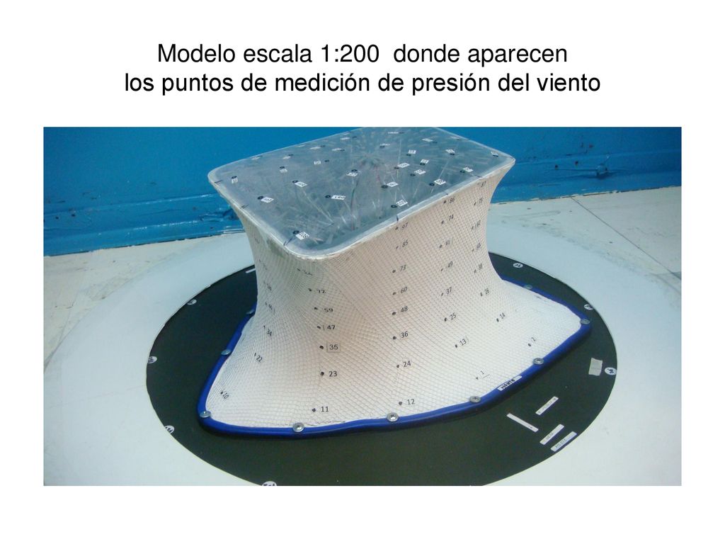 Modelo escala 1:200 donde aparecen los puntos de medición de presión del viento