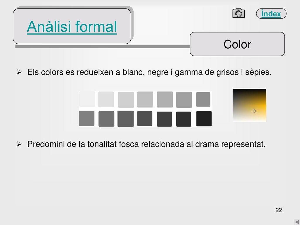 Anàlisi formal Color. Els colors es redueixen a blanc, negre i gamma de grisos i sèpies.