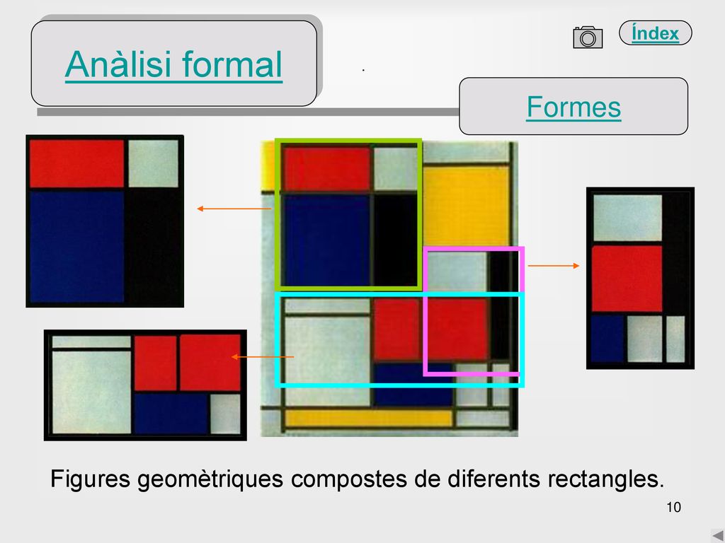 Anàlisi formal . Formes Figures geomètriques compostes de diferents rectangles.