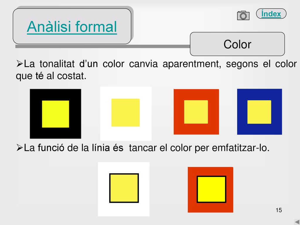 Anàlisi formal Color. La tonalitat d’un color canvia aparentment, segons el color que té al costat.