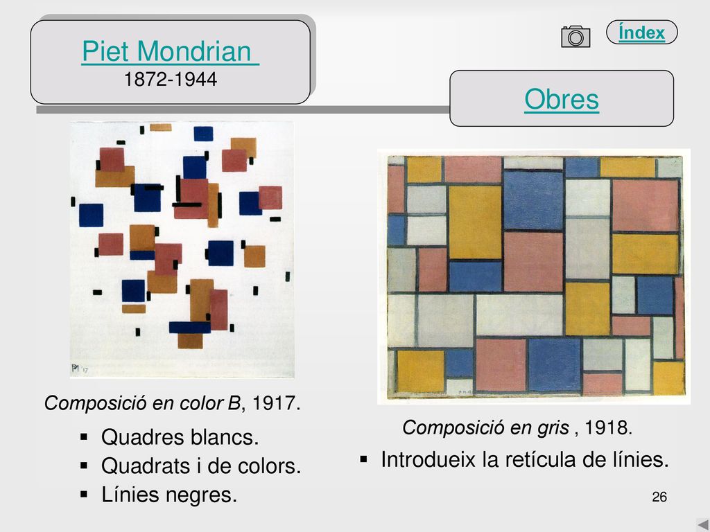 Piet Mondrian Obres Quadres blancs. Quadrats i de colors.