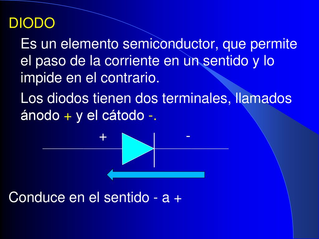 DIODO Es un elemento semiconductor, que permite el paso de la corriente en un sentido y lo impide en el contrario.