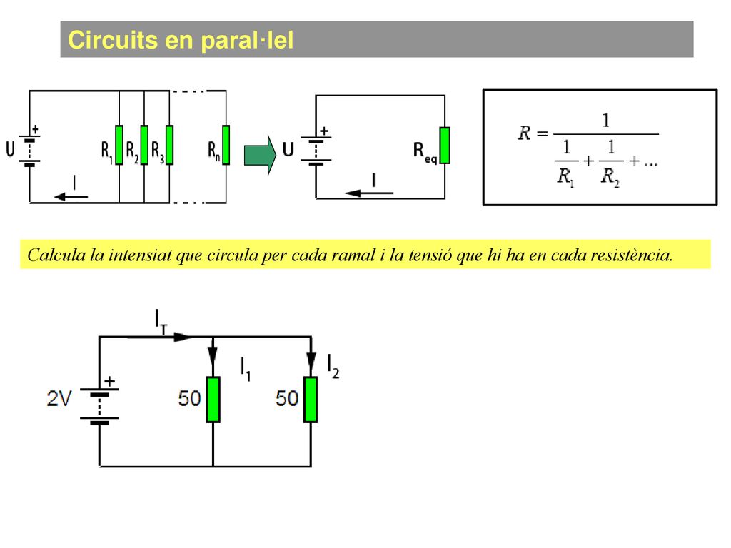 Circuits en paral·lel Calcula la intensiat que circula per cada ramal i la tensió que hi ha en cada resistència.