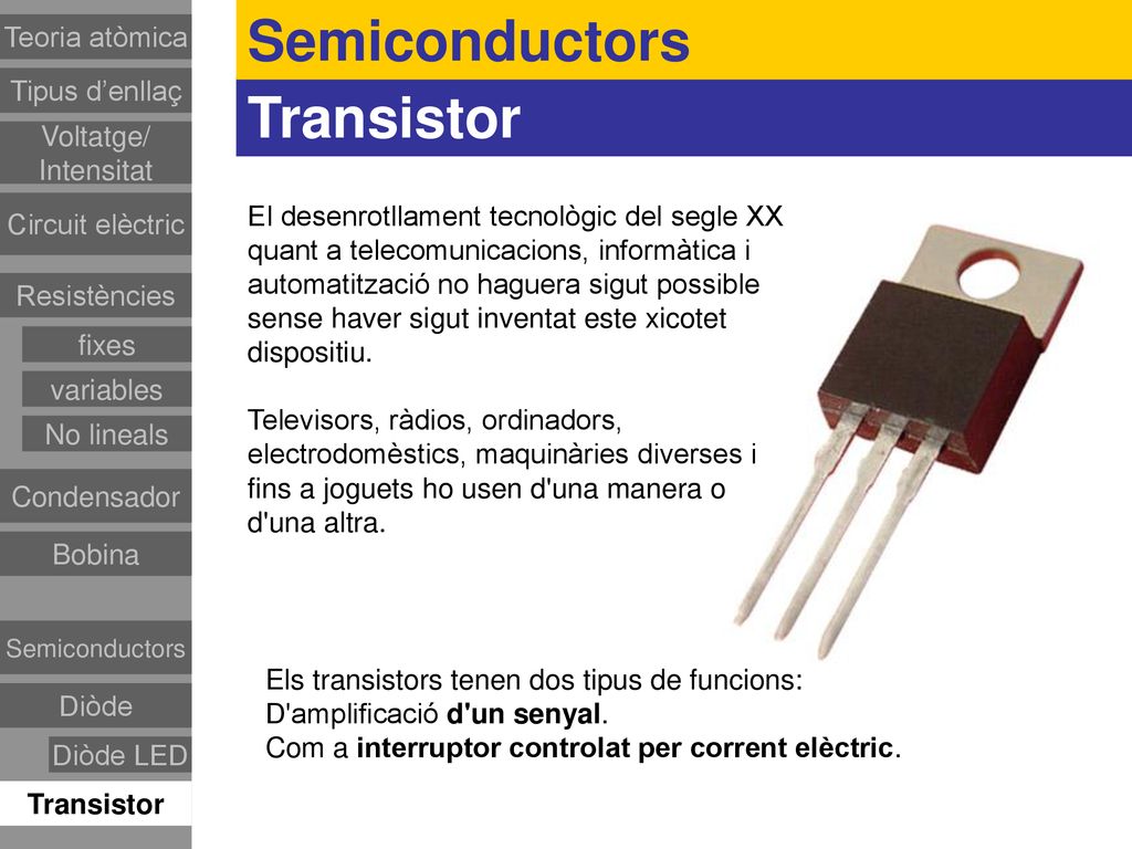Semiconductors Transistor Teoria atòmica Tipus d’enllaç Voltatge/