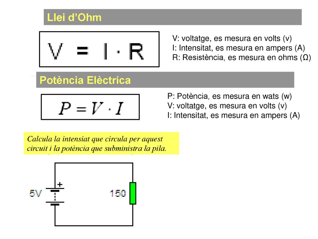Llei d’Ohm Potència Elèctrica V: voltatge, es mesura en volts (v)