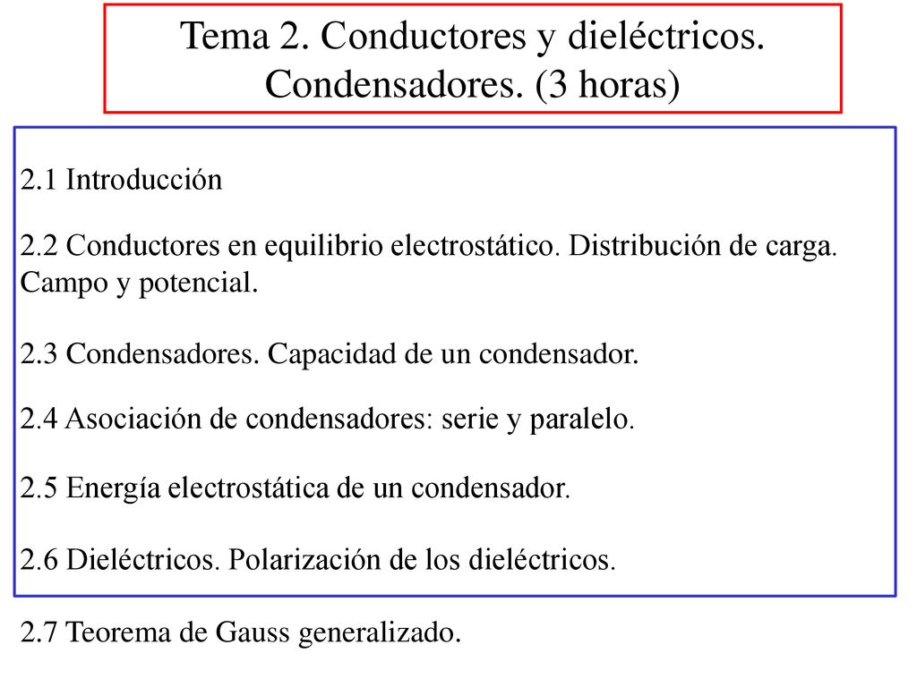 Tema 2. Conductores y dieléctricos. Condensadores. (3 horas)