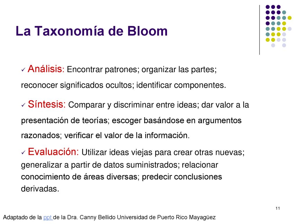 La Taxonomía de Bloom Análisis: Encontrar patrones; organizar las partes; reconocer significados ocultos; identificar componentes.