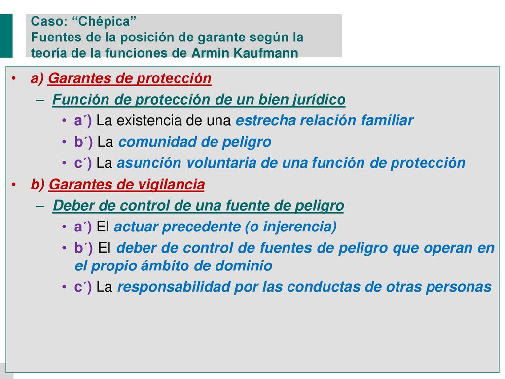 a) Garantes de protección Función de protección de un bien jurídico