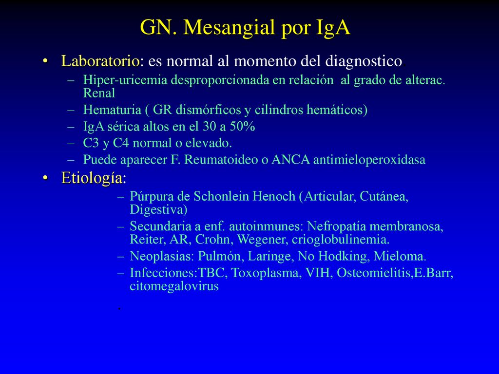 GN. Mesangial por IgA Laboratorio: es normal al momento del diagnostico. Hiper-uricemia desproporcionada en relación al grado de alterac. Renal.