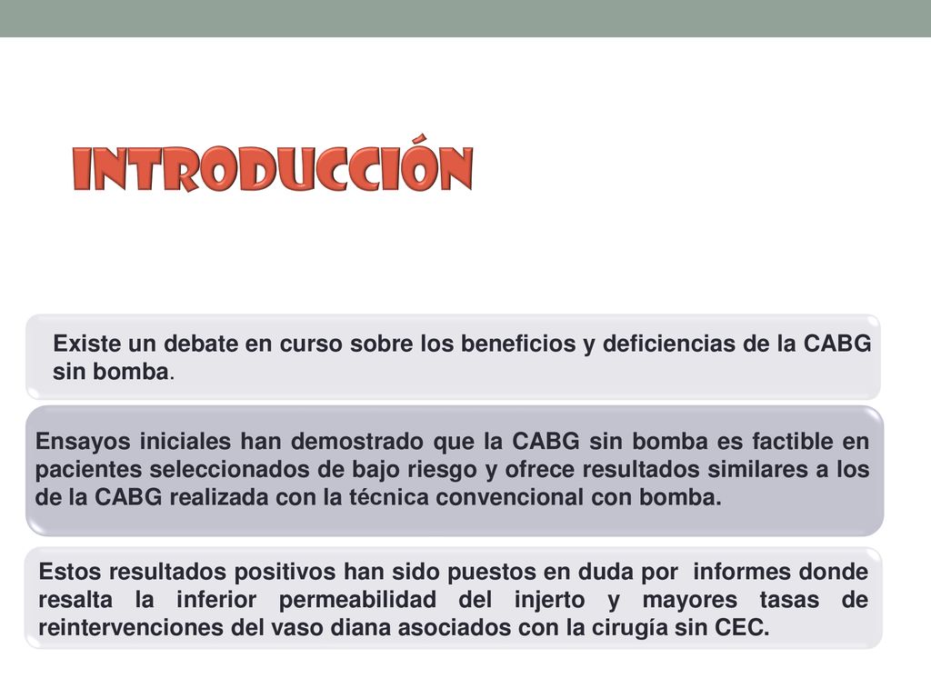 Introducción Existe un debate en curso sobre los beneficios y deficiencias de la CABG sin bomba.