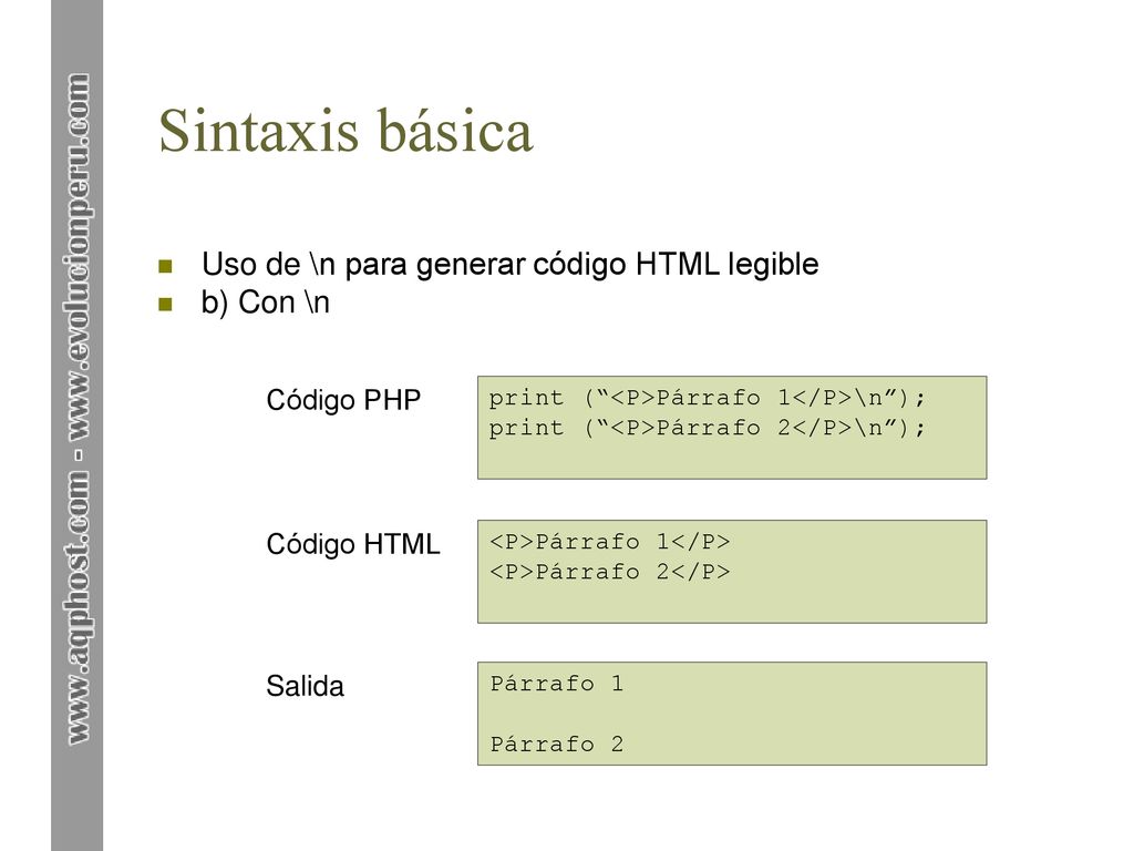 Sintaxis básica Uso de \n para generar código HTML legible b) Con \n