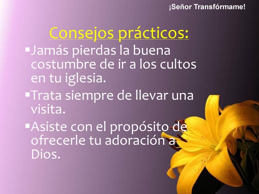 ¡Señor Transfórmame! Consejos prácticos: Jamás pierdas la buena costumbre de ir a los cultos en tu iglesia.