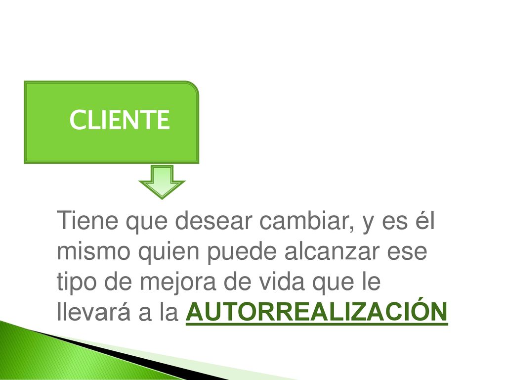 CLIENTE Tiene que desear cambiar, y es él mismo quien puede alcanzar ese tipo de mejora de vida que le llevará a la AUTORREALIZACIÓN.