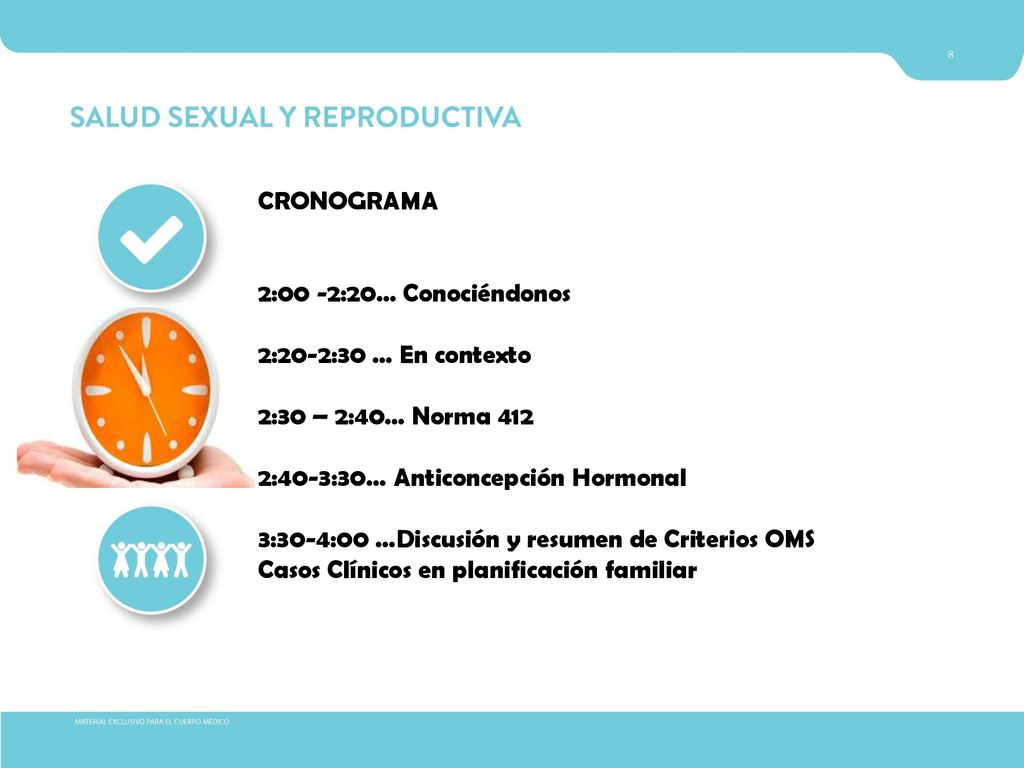 CRONOGRAMA 2:00 -2:20… Conociéndonos. 2:20-2:30 … En contexto. 2:30 – 2:40… Norma :40-3:30… Anticoncepción Hormonal.