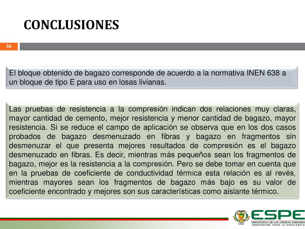 CONCLUSIONES El bloque obtenido de bagazo corresponde de acuerdo a la normativa INEN 638 a un bloque de tipo E para uso en losas livianas.