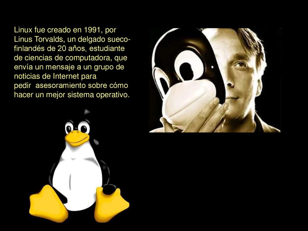 Linux fue creado en 1991, por Linus Torvalds, un delgado sueco-finlandés de 20 años, estudiante de ciencias de computadora, que envía un mensaje a un grupo de noticias de Internet para pedir asesoramiento sobre cómo hacer un mejor sistema operativo.