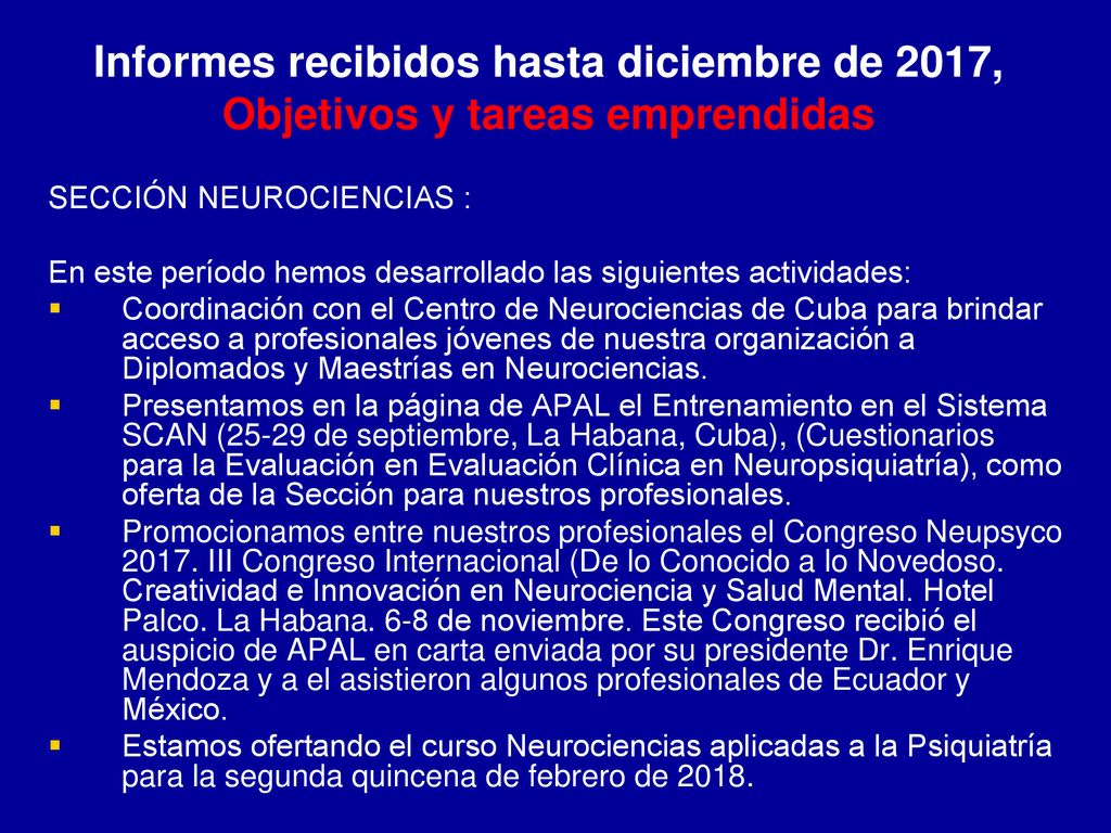 Informes recibidos hasta diciembre de 2017, Objetivos y tareas emprendidas