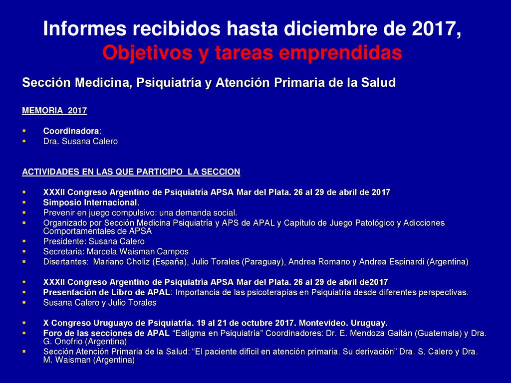 Informes recibidos hasta diciembre de 2017, Objetivos y tareas emprendidas