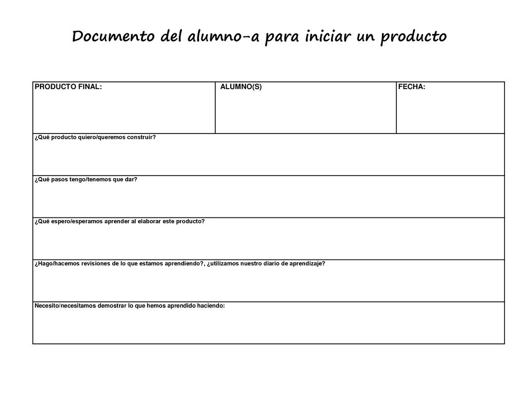 Documento del alumno-a para iniciar un producto
