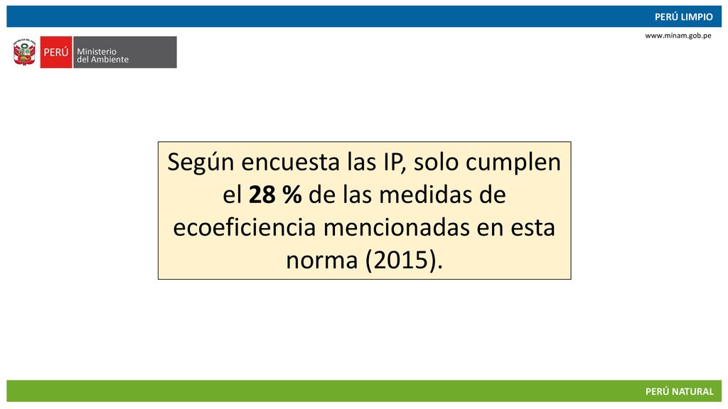 Según encuesta las IP, solo cumplen el 28 % de las medidas de ecoeficiencia mencionadas en esta norma (2015).