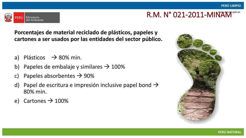 R.M. N° MINAM Porcentajes de material reciclado de plásticos, papeles y cartones a ser usados por las entidades del sector público.