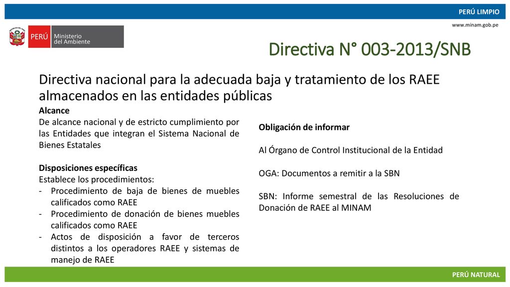 Directiva N° /SNB Directiva nacional para la adecuada baja y tratamiento de los RAEE almacenados en las entidades públicas.