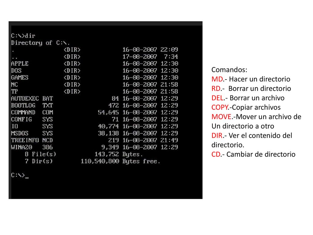 Comandos: MD.- Hacer un directorio. RD.- Borrar un directorio. DEL.- Borrar un archivo. COPY.-Copiar archivos.