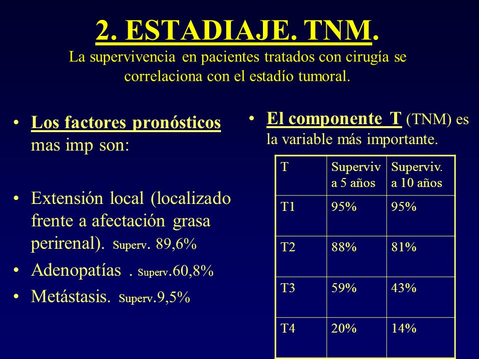 2. ESTADIAJE. TNM. La supervivencia en pacientes tratados con cirugía se correlaciona con el estadío tumoral.