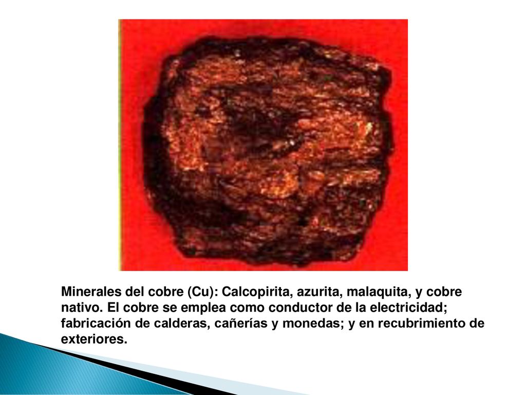 Minerales del cobre (Cu): Calcopirita, azurita, malaquita, y cobre nativo.