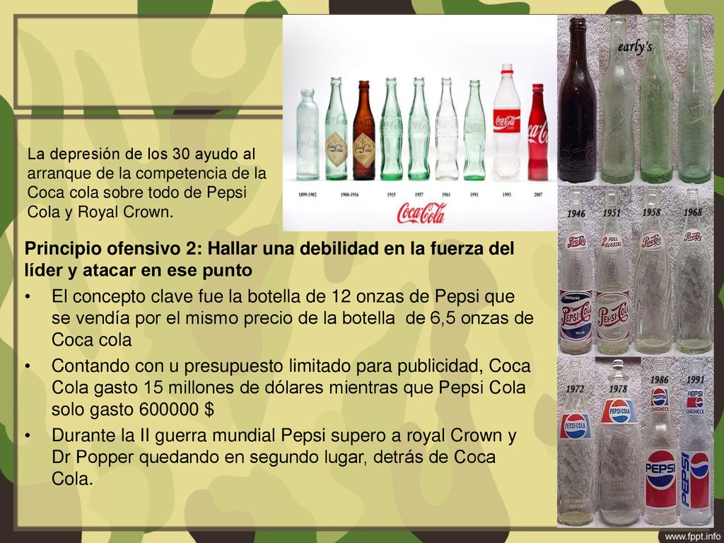 La depresión de los 30 ayudo al arranque de la competencia de la Coca cola sobre todo de Pepsi Cola y Royal Crown.