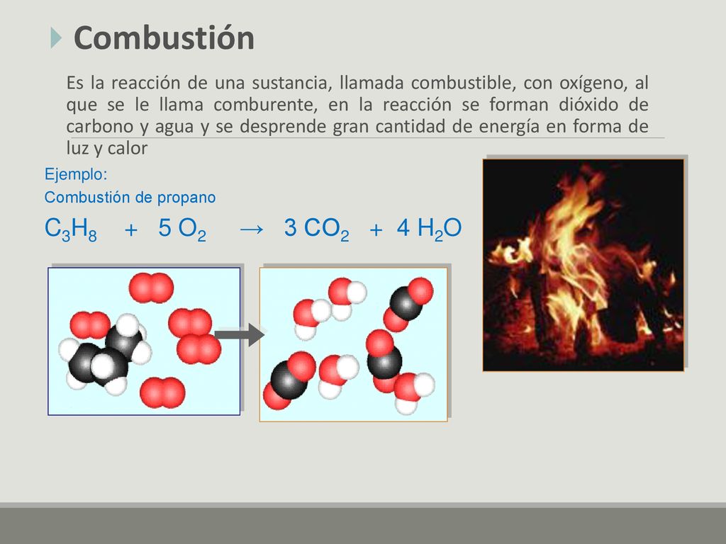 Combustión C3H8 + 5 O2 → 3 CO2 + 4 H2O