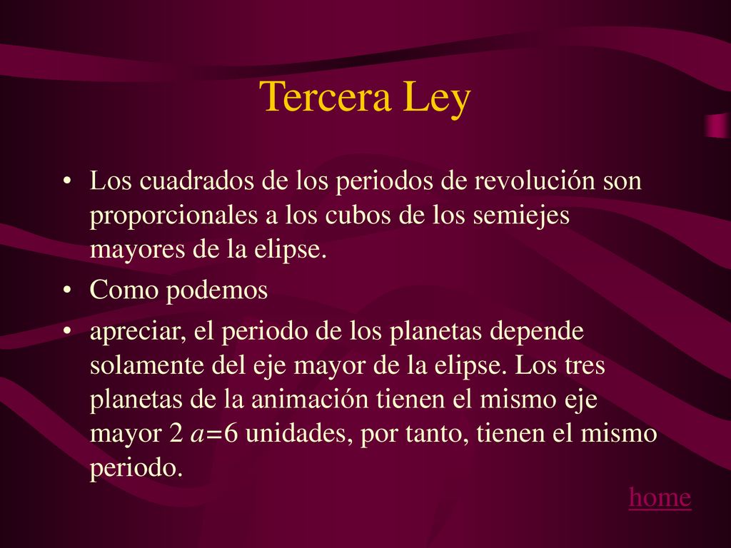 Tercera Ley Los cuadrados de los periodos de revolución son proporcionales a los cubos de los semiejes mayores de la elipse.